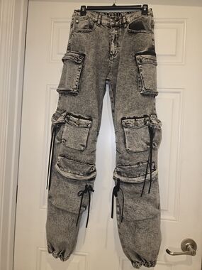 Gray Washed Cargo Jeans for Men - Multiple Utility Pockets